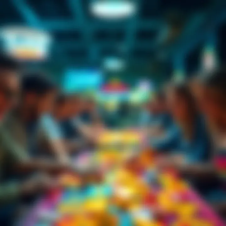 A group of people excitedly playing pull tab games at a local venue, showing colorful pull tabs on the table.