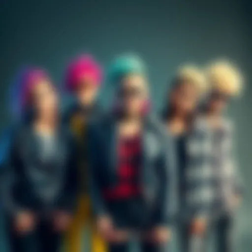 A group of young people expressing punk culture with colorful hair, leather jackets, and bold accessories, standing together with a rebellious attitude.