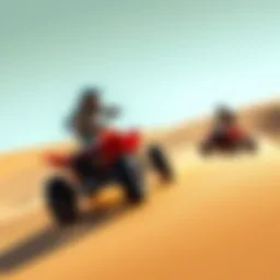 Two quad riders jumping over a sand dune during a thrilling race