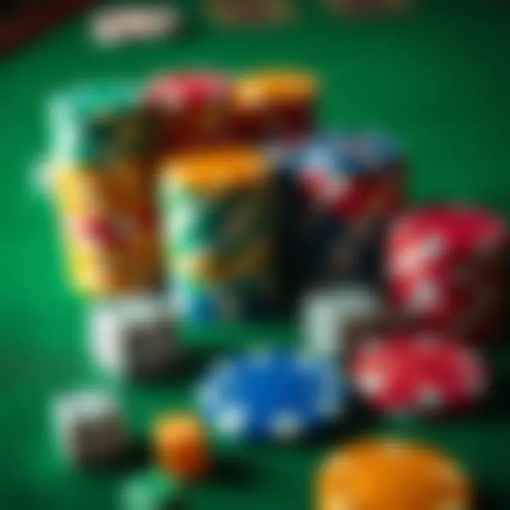 A set of colorful craps chips displayed on a green felt table with dice beside them