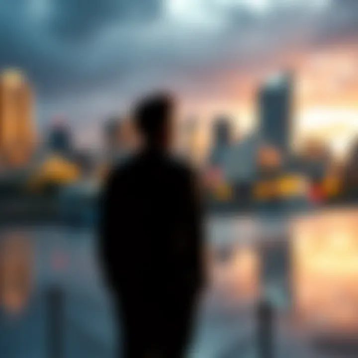 A person stands pondering in front of a blurred cityscape, reflecting uncertainty about truth in modern society.