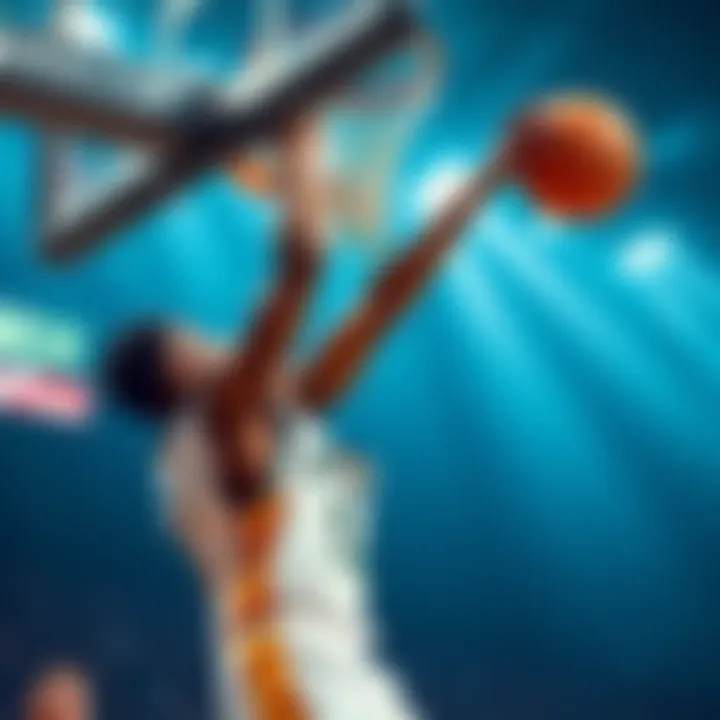 Basketball player Queta reaching for a rebound under the basket while Tatum is sidelined