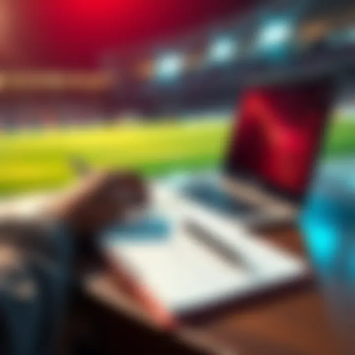 Quick Betting Strategies A person analyzing sports statistics and odds on a laptop before a game, with a notepad and pen nearby.