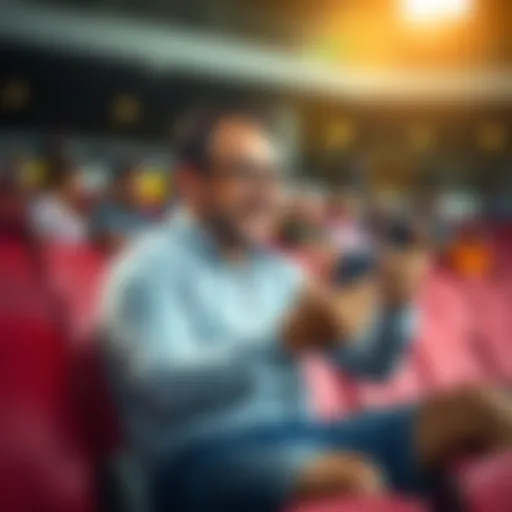 A father sitting in the stands during a soccer game, celebrating as he checks his phone showing an impressive profit from a recent investment.