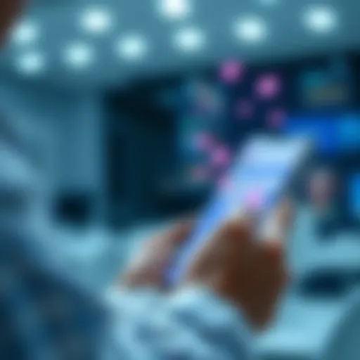 A person sending a direct message for support on a smartphone, with chat bubbles appearing on screen.
