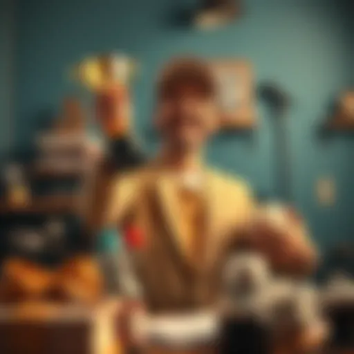 A person celebrating a small victory with a trophy in hand, surrounded by everyday items