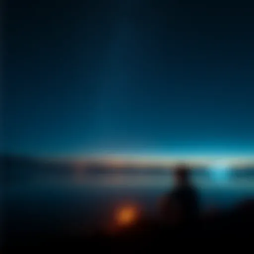 A calm night scene with a person sitting quietly under a starry sky, lost in thought, surrounded by a serene environment.