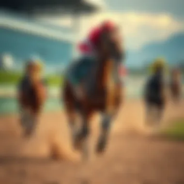 Racehorse in Action A spirited racehorse sprinting on a racetrack with jockey on its back, showcasing its energy and speed.