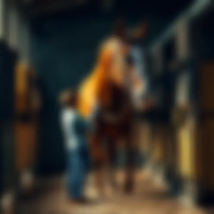 A person standing next to a racehorse in a stable, discussing investment opportunities