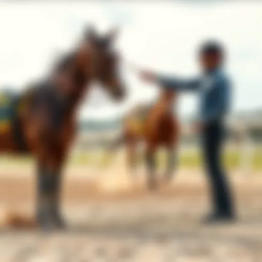 A trainer guiding a racehorse during a training session on a sandy track, demonstrating techniques for enhancing performance.