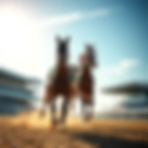 Two legendary racehorses, Zenyatta and American Pharoah, racing under bright blue skies at a racetrack