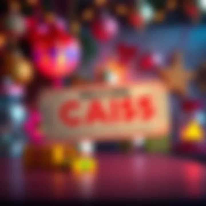 A colorful raffle ticket displaying a chance to win four $5 cash prizes, with festive decorations in the background