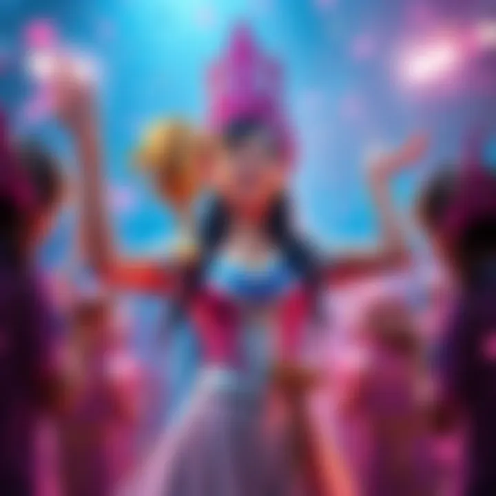 A joyful Rain Princess holding a trophy in a colorful setting, surrounded by cheering players.