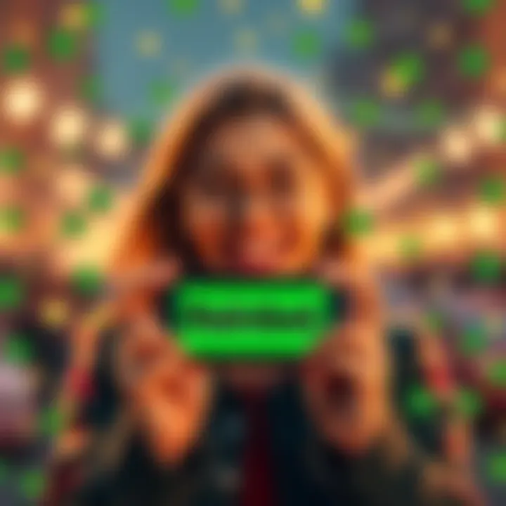 A cheerful person holding a smartphone showing the Rainbet promotional code with a playful smile, surrounded by symbols of luck like clovers and stars.