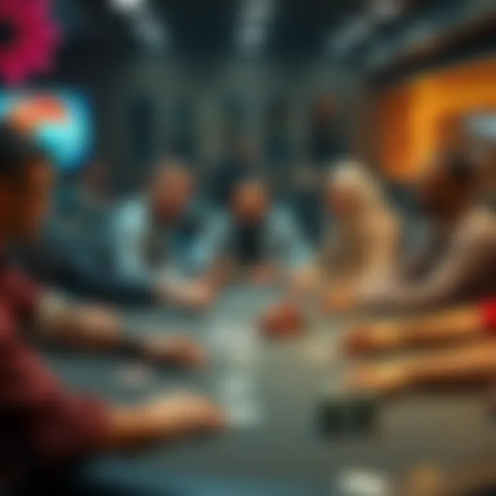 A group of diverse players seated at a poker table, smiling and enjoying a game without fees, with chips and cards visible.