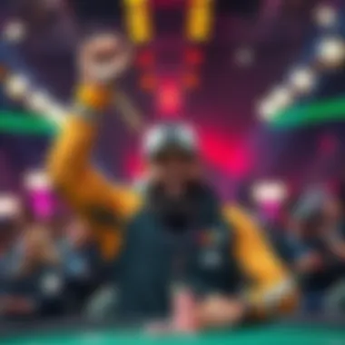 Rampage celebrates victory after defeating Adrian Mateos in a poker match, holding his second bracelet aloft.