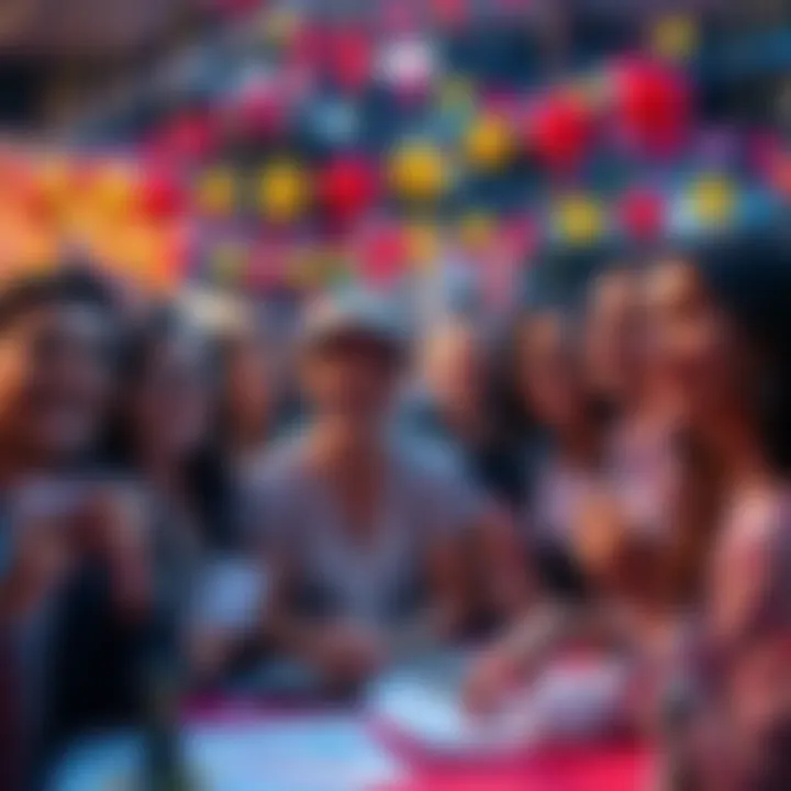 A group of people excitedly participating in a random drawing, holding tickets and smiling, surrounded by colorful decorations.