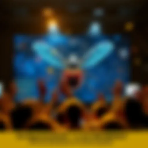 A digital display showing a rare bug occurrence with people celebrating around it, highlighting the excitement of a 1 in 500 million event.