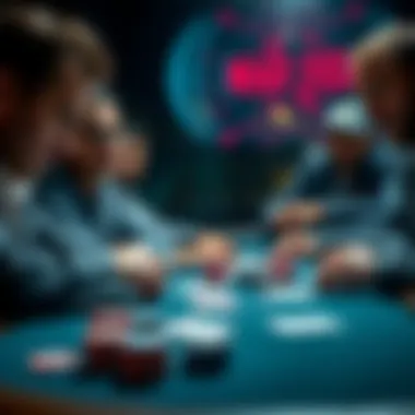 A group of players intensely focused on a Razz poker game, with chips and cards on the table, illustrating a strategy to steal blinds.
