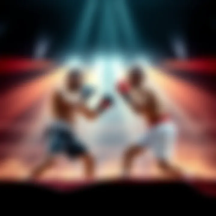 A dramatic fight scene between RDR and Caio in a boxing ring, showcasing intense action and athleticism.