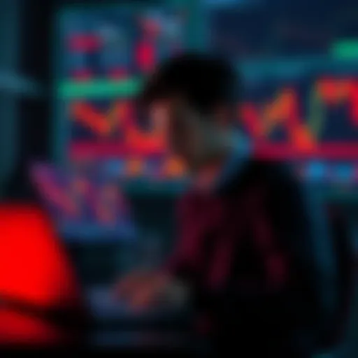 A person reflecting in front of a laptop with financial charts, looking determined to regain financial stability after losses in day trading.