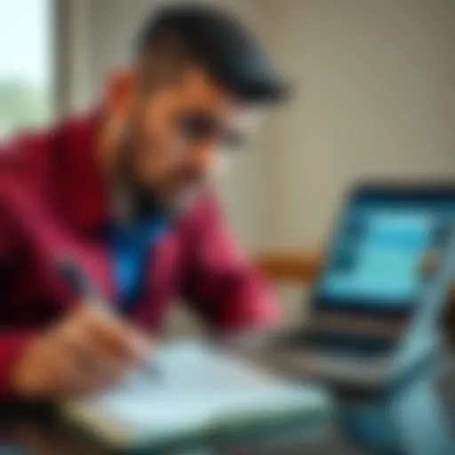 A person looking concerned while reviewing betting app transactions and taking notes on a notepad, with a laptop open showing a banking website.