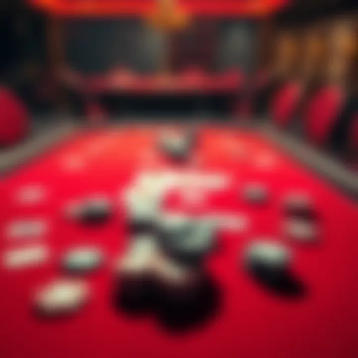 A red table used for betting games with chips and cards scattered on it, symbolizing the choices people make while gambling.
