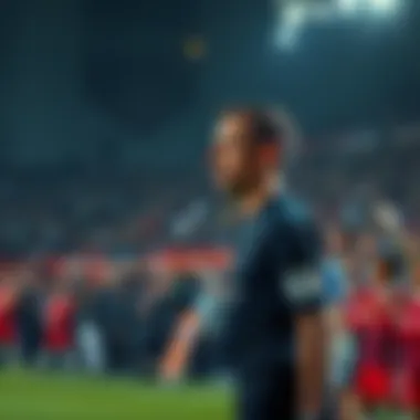 A tense scene showing a soccer referee talking to players as fans react in the background, highlighting the controversy surrounding his statement.