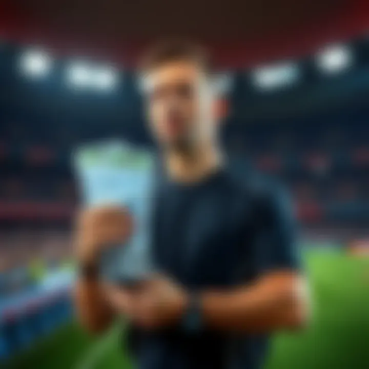 A referee holding betting slips in a football stadium, looking concerned about game integrity.