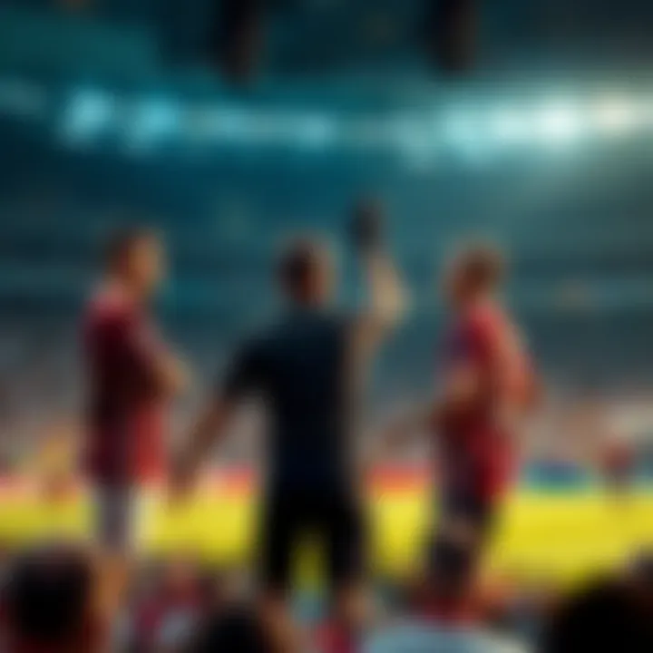 A referee discussing with players while the game continues, causing confusion and laughter among fans