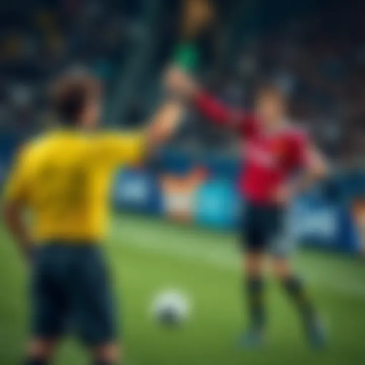 Referee shows a yellow card to an aggressive player during a soccer match