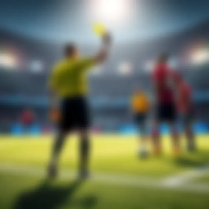 A soccer referee showing a yellow card amid players arguing on the field