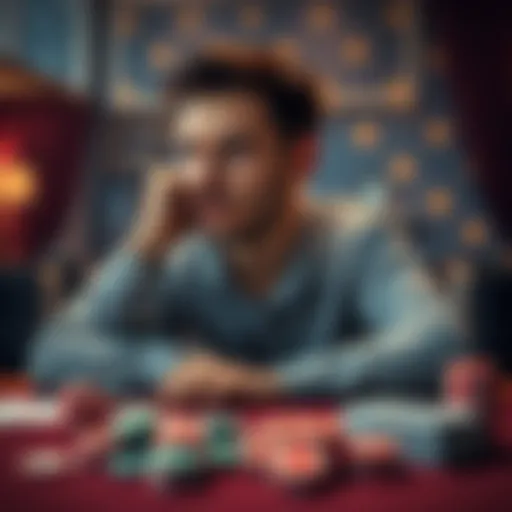 An individual sitting at a table with a thoughtful expression, surrounded by poker chips and cards, symbolizing the struggle with gambling addiction.