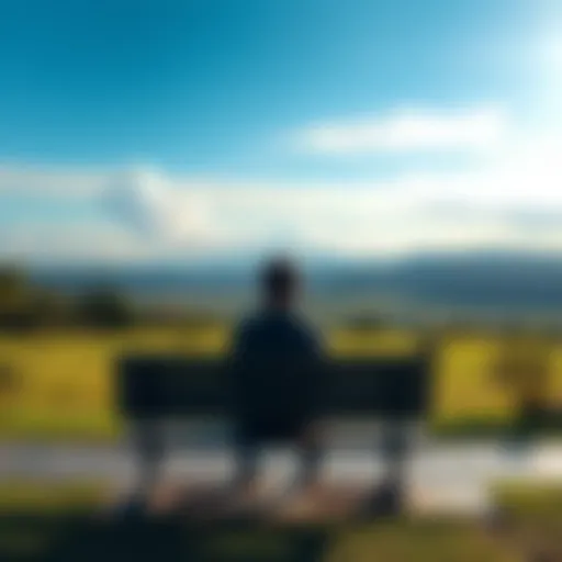 A peaceful scene with a person sitting on a bench, looking out at a serene landscape, contemplating life.