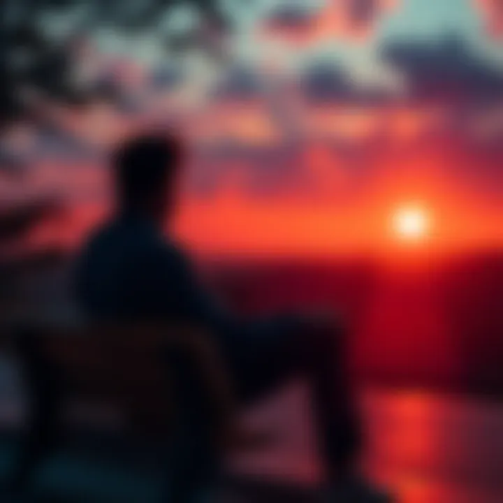 A person sitting on a bench, looking contemplative with a distant view of a sunset, symbolizing reflection on losses and lessons learned.