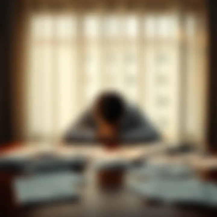 A person sitting at a table, looking distressed with financial documents scattered around, symbolizing the struggle with financial addiction and recovery.