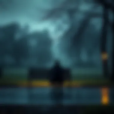 A person sitting alone on a park bench, looking contemplative with a somber expression, surrounded by a gloomy atmosphere.