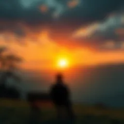 A serene landscape with a person sitting on a bench, gazing at a sunset, contemplating life and death.