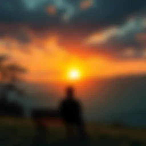 A serene landscape with a person sitting on a bench, gazing at a sunset, contemplating life and death.