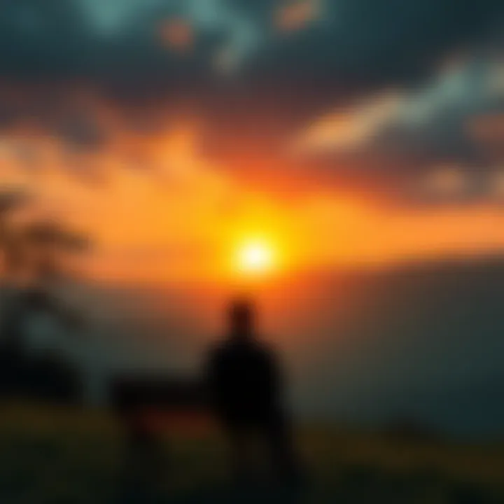 A serene landscape with a person sitting on a bench, gazing at a sunset, contemplating life and death.