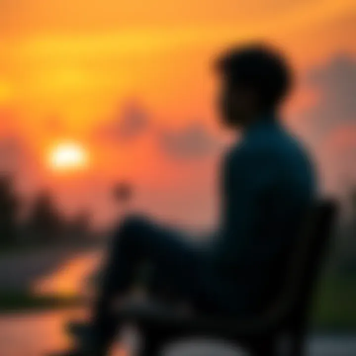 A person sitting alone on a bench, looking thoughtful and contemplative, with a sunset in the background symbolizing reflection and decisions.