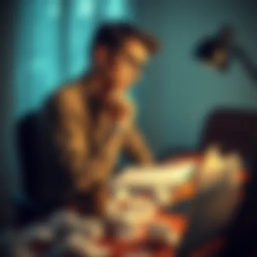 An author sitting at a desk, looking thoughtful with a notepad and coffee, surrounded by crumpled papers indicating uncertainty in creativity.