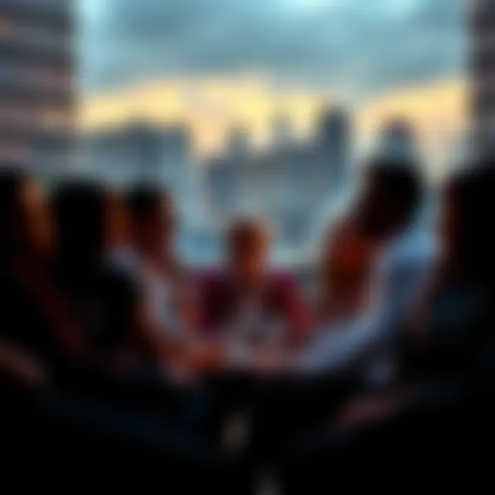 A group of people engaged in a serious discussion about ideas for the future of society, surrounded by a city backdrop.