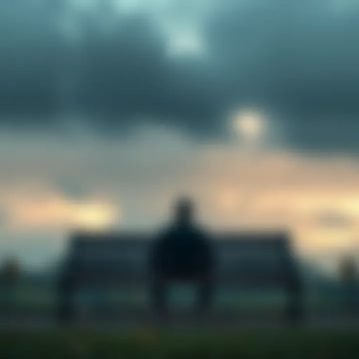 A person sitting alone on a park bench, looking thoughtfully at the sky, with cloudy weather and fallen leaves around them.
