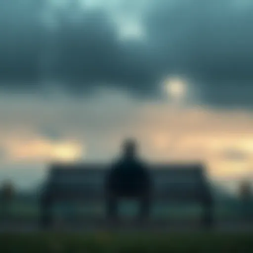 A reflective moment on a cloudy day A person sitting alone on a park bench, looking thoughtfully at the sky, with cloudy weather and fallen leaves around them.