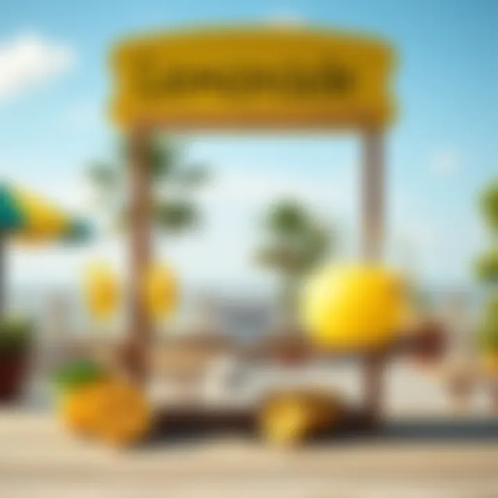 A cheerful lemonade stand with a pitcher of lemonade and glasses, symbolizing humor and refreshment amidst challenges.