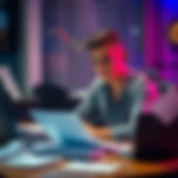 A 20-year-old man sits at a desk, looking concerned as he reviews betting documents and forms. Papers and a laptop are scattered around him, symbolizing his struggle against gambling addiction.