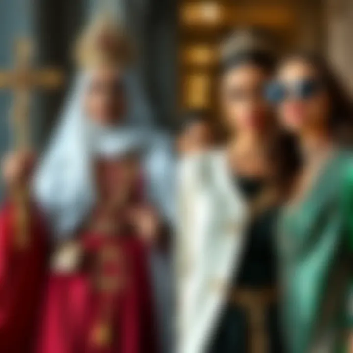 A side-by-side comparison of traditional religious attire and modern glamorous outfits, showcasing the evolution in style.