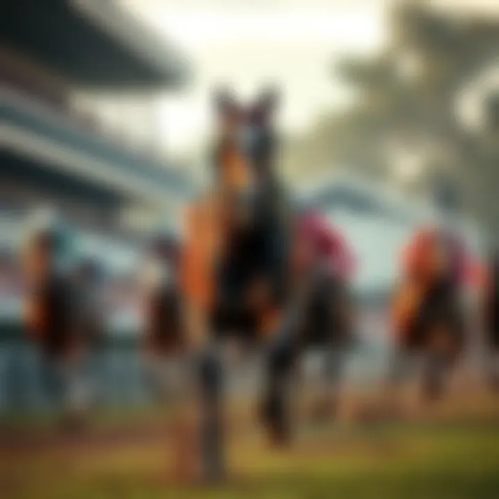Renegade, the favored horse for the Kentucky Derby, racing on the track with other competitors in the background.