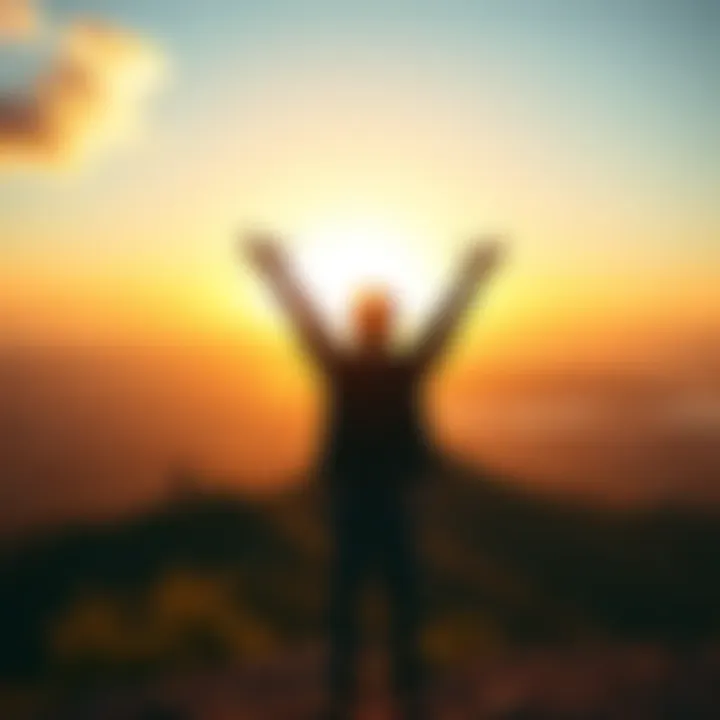 A person standing on a hilltop during sunrise, arms raised in gratitude, symbolizing hope and new beginnings after loss.